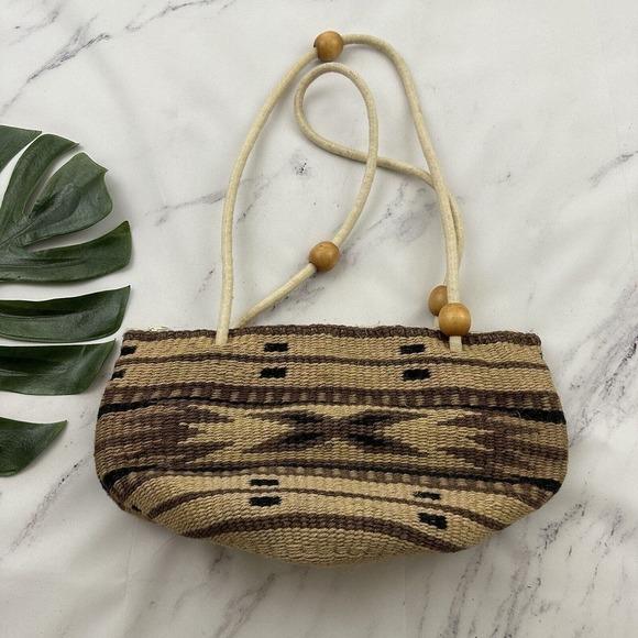 Vintage Woven Basket Tote Bag Purse Brown Black Wood Bead Wool Blend Boho - Picture 5 of 6